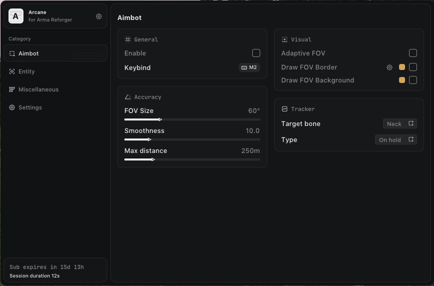 Interface of the Arma Reforger cheat by Arcane