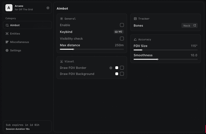 Interface of the Off The Grid cheat by Arcane
