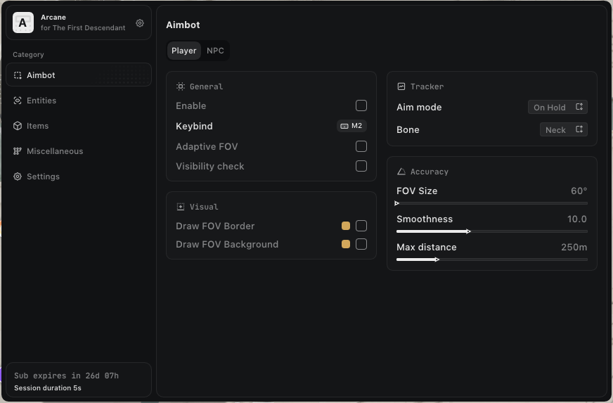 Interface of the The First Descendant cheat by Arcane