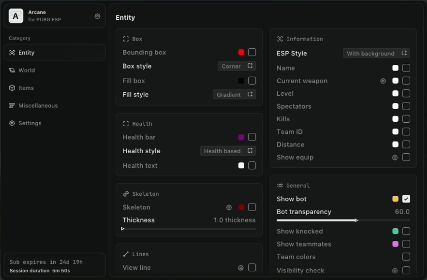Interface of the PUBG: Battlegrounds cheat by Arcane Lite