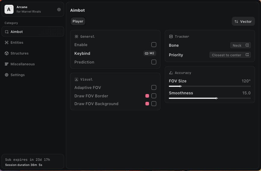 Interface of the Marvel Rivals cheat by Arcane