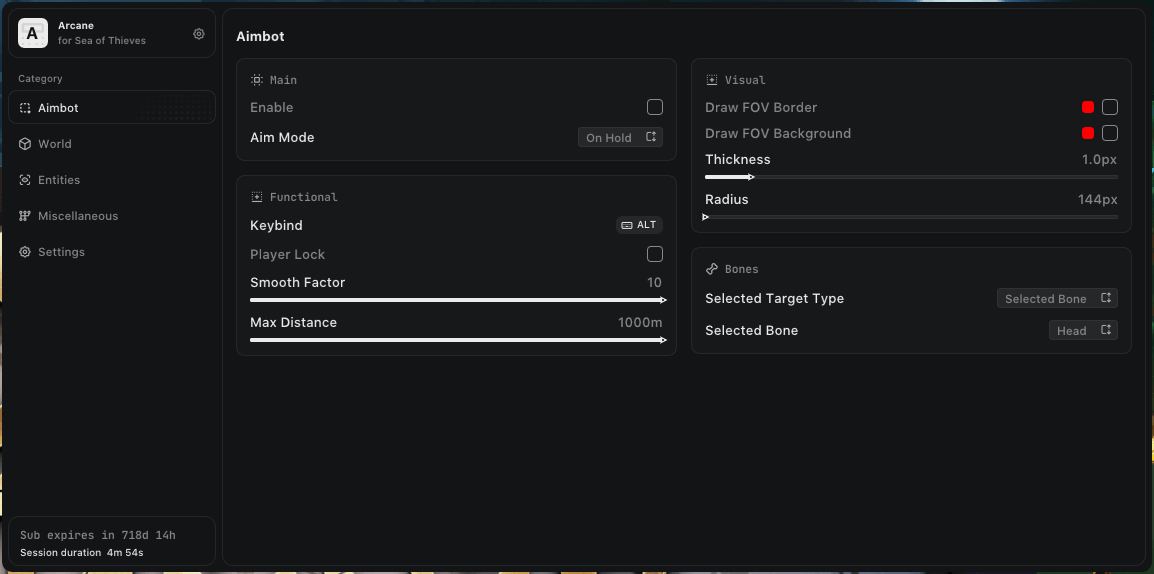 Interface of the Sea of Thieves cheat by Arcane