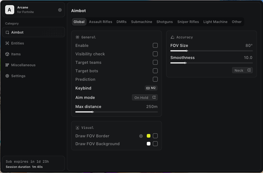 Interface of the Fortnite cheat by Arcane