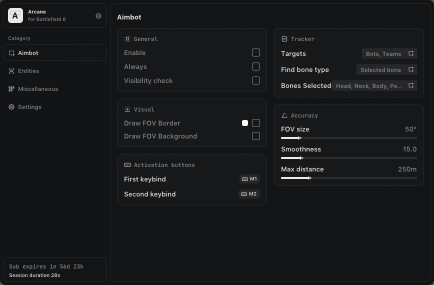 Interface of the Battlefield 6 cheat by Arcane