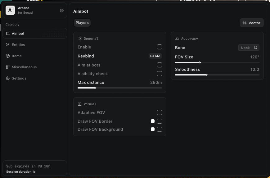 Interface of the Squad cheat by Arcane