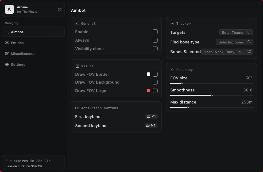 Interface of the The Finals cheat by Arcane