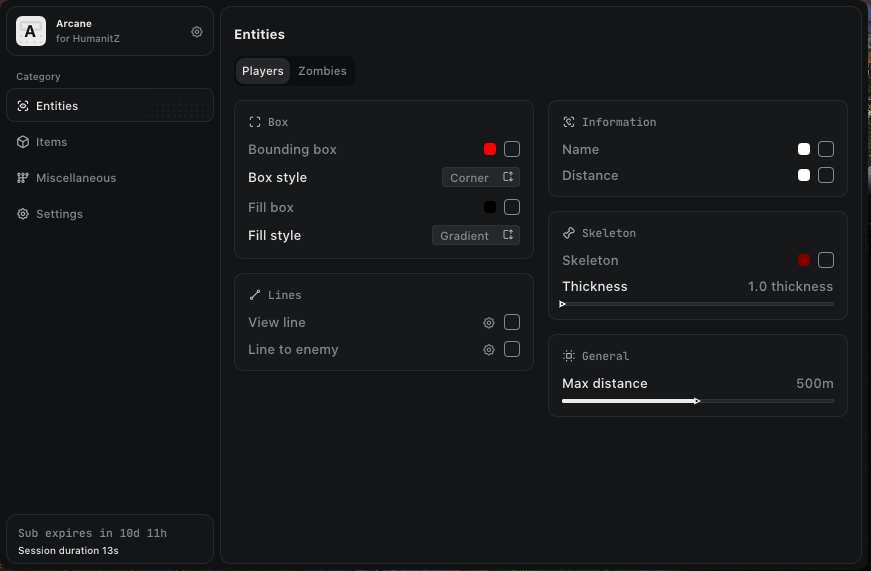 Interface of the Humanitz cheat by Arcane