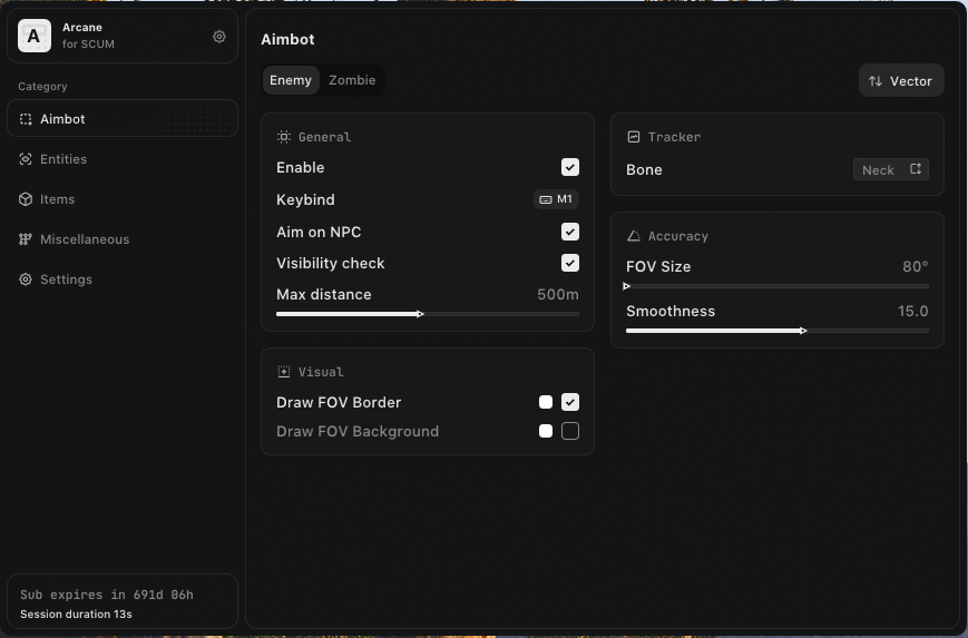 Interface of the SCUM cheat by Arcane