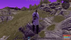 UDP for Rust in third person on a rocky hill under a purple sky: an ESP label on the player, radar in the corner and the bar of active features along the bottom