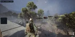 Ghost in ARC Raiders on a concrete ledge in the rain: red drone tags for Firefly, Hornet, Rocketeer and Wasp at 238–283 m, a Supply Station and a Grenade, Roots priced at 640$ at 50 m, radar and compass bar
