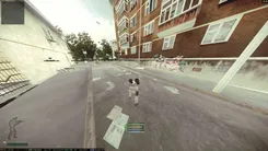 Escape from Tarkov street between apartment blocks with UDP: ESP label on a player running down the road and the survival HUD at the bottom