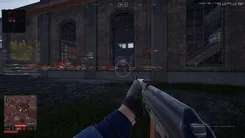 Ancient in Wardogs: red ESP labels on enemies along a brick wall and the aimbot FOV circle