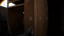 Four targets read through a plywood wall in Bodycam at 13, 14, 20 and 28 m, boxes with skeletons, AK labels and health bars, bots in blue and players in purple, radar in the top left corner