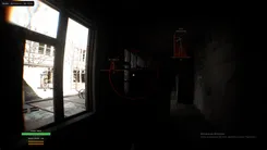 Arcane ESP in Bodycam through a window: two players in red boxes with skeletons, one holding an AK47 with 30/30|120 ammo, the other a drone tablet, names and distance