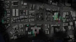 Ancient Radar in Delta Force: Hawk Ops on a city map: player markers with nickname, distance, weapon, HP, team ID and squad ID, coloured by team