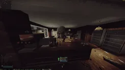 Dark Escape from Tarkov interior with UDP: ESP label on a player behind a shop counter and the survival HUD