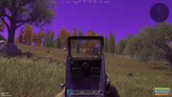 UDP for Rust aiming through a holo sight at a marked player on a grassy hill under a purple sky, radar in the corner