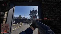 Ancient in Wardogs: ESP labels on enemies across an industrial yard seen through a doorway