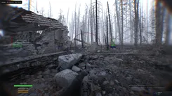 Arcane bot ESP in Bodycam in burnt forest ruins: bots in boxes, two with green fill, each with an AK47 and its magazine and reserve ammo, labeled Bot with distance