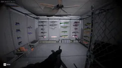 Arcane weapon ESP in Bodycam inside an armory: guns on the racks labeled by name and distance, colored by category from pistols and AK rifles to Dragunov and FN FAL
