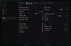 UDP menu for Escape from Tarkov, Movement tab: infinite stamina, move speed, no inertia, no weight, mule mode and no fall damage marked RISKY, plus fly, long jump, teleport to target and free camera