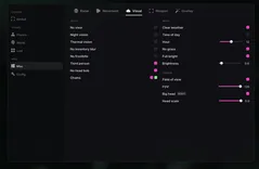 UDP menu for Escape from Tarkov, Visual tab: no visor, night and thermal vision, third person, chams, clear weather, time of day, full bright, FOV 120 and big head
