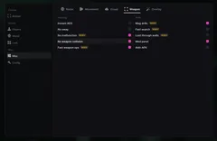 UDP menu for Escape from Tarkov, Weapon tab: instant ADS, no sway, no malfunction, no weapon collision, fast weapon ops, mag drills, fast search, loot through walls and anti-AFK
