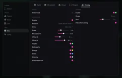 UDP menu for Escape from Tarkov, Overlay tab: survival HUD with health, body parts, energy, water and stamina under the aim circle, and a cross crosshair that hides when aiming
