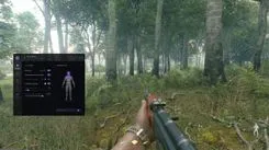 SMG menu open on the Aimbot tab in an Active Matter forest: auto target switch and crosshair on, 21° FOV, 1000 m distance, 3D bone picker with head and neck marked
