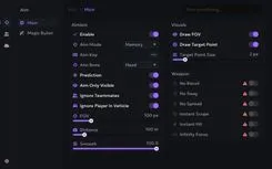 Ancient Wardogs menu, Aim tab: Memory aim mode, aim key, head bone, prediction, aim only visible, ignore teammates and players in vehicles, FOV, distance and smooth, plus weapon tweaks with warning marks