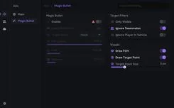 Ancient Wardogs menu, Magic Bullet tab: target bone, hit chance, FOV and distance with its own target filters and visuals