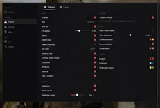 UDP Wardogs menu, Players tab: box, fill, name, health bar and number, bar side, distance, weapon, stance, kills and deaths, skeleton, visible check and team colours