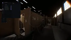 Misc tab of the SMG menu in Bodycam with all four switches on — no recoil, fast reload, fast aim, fast weapon swap — while four boxed targets stand behind a wall at 16 to 33 m