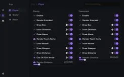 Ancient Wardogs menu, player ESP: separate enemy and teammate settings for knocked players, box, skeleton, name, team name, health, weapon, distance and out of FOV arrows