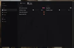 UDP Wardogs menu, player extras: off-screen arrows with range, fade and ring on aim FOV, and snaplines with range