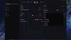 UDP menu for Overwatch on the Trigger tab: hold key, wait charge key, 50 ms delay, Hanzo bow draw 65–100% and arrow trajectory