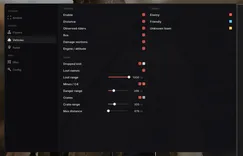 UDP Wardogs menu, Vehicles tab: observed riders, box, damage sections and engine and altitude, plus dropped loot, mines and C4 and crates with their ranges
