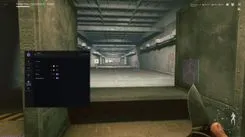 Active Matter shooting range with bots boxed and skeletons drawn under Pocket knife labels, SMG World tab open with Corpses and Debug objects enabled