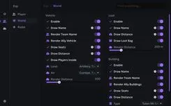 Ancient Wardogs menu, world ESP: vehicles with seats, players inside and land and air types, loot with bags, and buildings by type