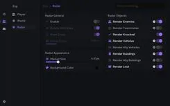 Ancient Wardogs menu, Radar tab: rotate with view, marker size and filters for enemies, teammates, knocked, vehicles, buildings and loot