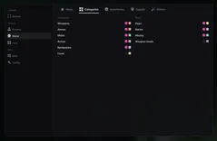 UDP menu for Escape from Tarkov, loot Categories tab: weapons, ammo, meds, armor, backpacks, food, keys, barter, money and weapon mods