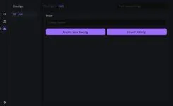 Ancient Wardogs menu, Configs list with create new config and import config