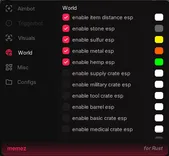 Interface of the Rust cheat by Memez — section 3