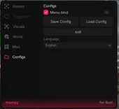 Interface of the Rust cheat by Memez — section 5
