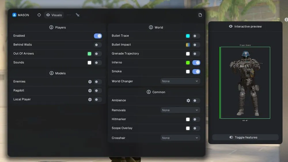 Interface of the CS2 cheat by Mason — section 1