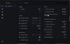 Interface of the Escape From Tarkov cheat by Ancient — aimbot section