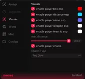 Interface of the Rust cheat by Memez — section 2