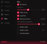 Interface of the Rust cheat by Memez — section 4