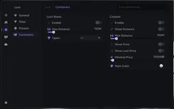 Interface of the Escape From Tarkov cheat by Ancient — loot containers section