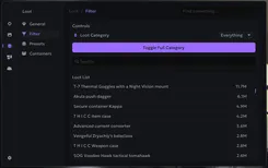 Interface of the Escape From Tarkov cheat by Ancient — loot filter section